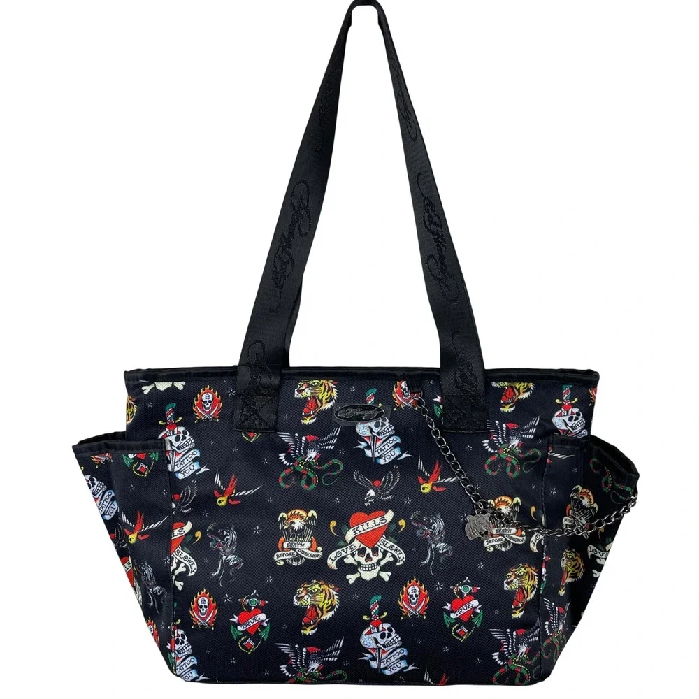 Ed Hardy Black‎ Tattoo Print Thermal Insulated Lunch Tote Bag with Container